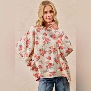 BiBi Floral Print Oversized Waffle Thermal Sweatshirt